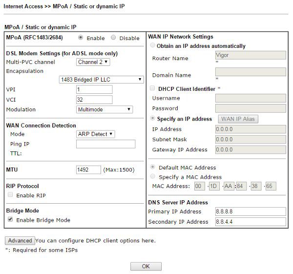 Internet Access >> MPoA/Static or dynamic IP